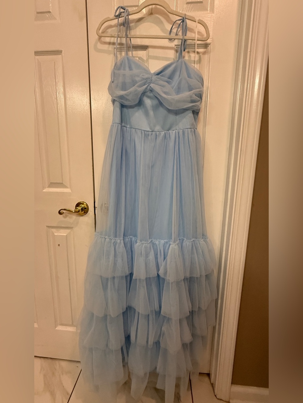 Lulu's Light Blue Ruffled Tulle Formal Dress with Tie Straps